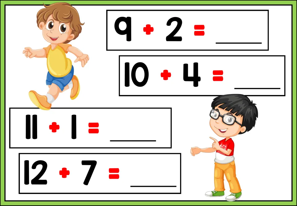 Addition practice sheet 3 of 5: students supply the missing sums for 9 + 2, 10 + 4, 11 + 1, and 12 + 7.
