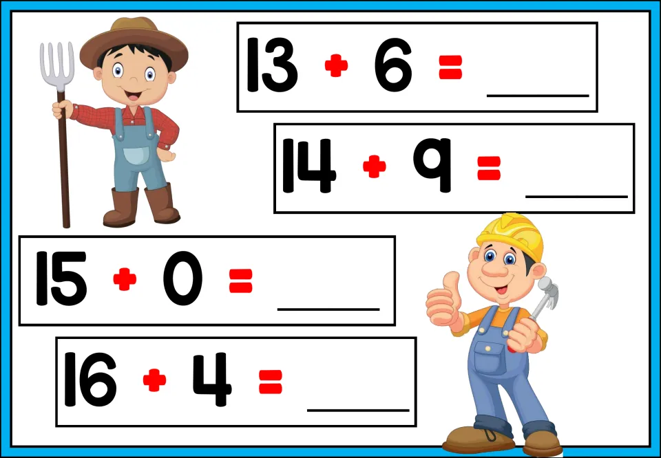Addition practice sheet 4 of 5: students supply the missing sums for 13 + 6, 14 + 9, 15 + 0, and 16 + 4.