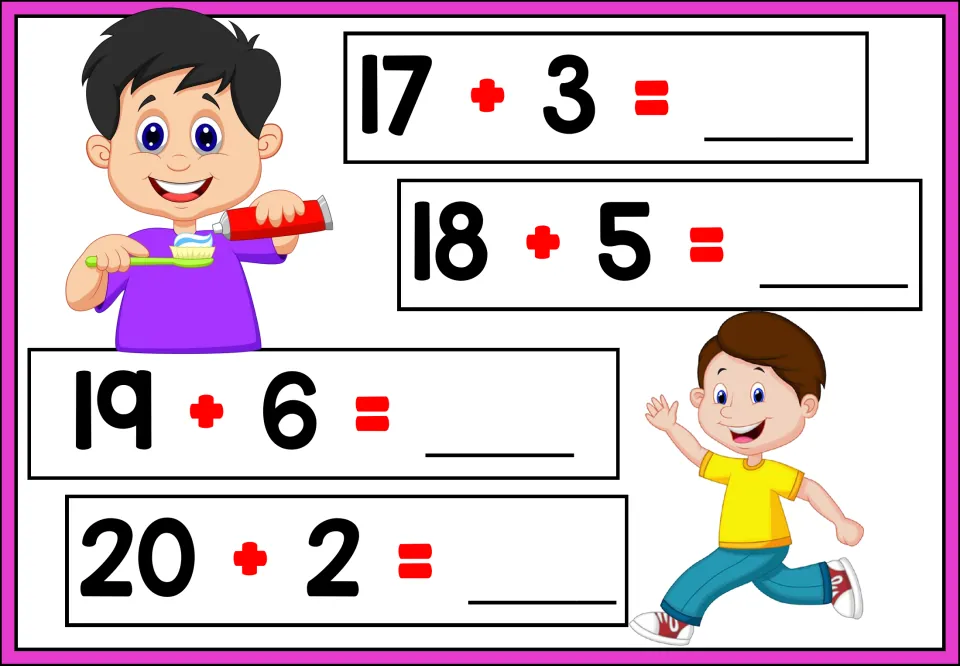 Addition practice sheet 5 of 5: students supply the missing sums for 17 + 3, 18 + 5, 19 + 6, and 20 + 2.