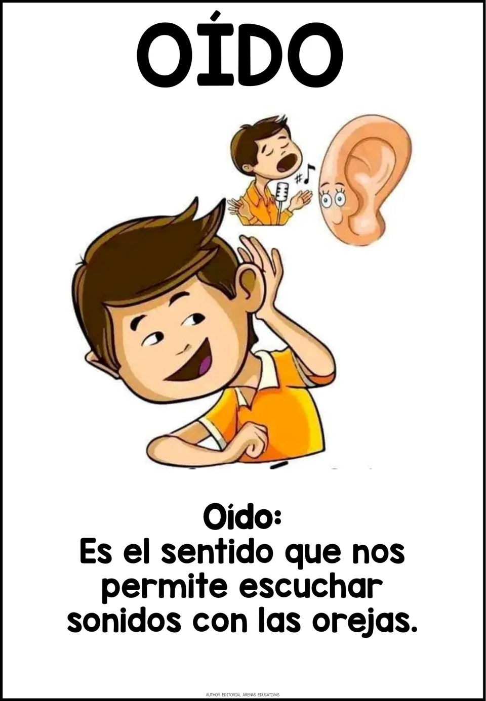 Oído poster: a boy cups his ear toward a singer and a cartoon ear, with a Spanish definition of hearing sounds with ears
