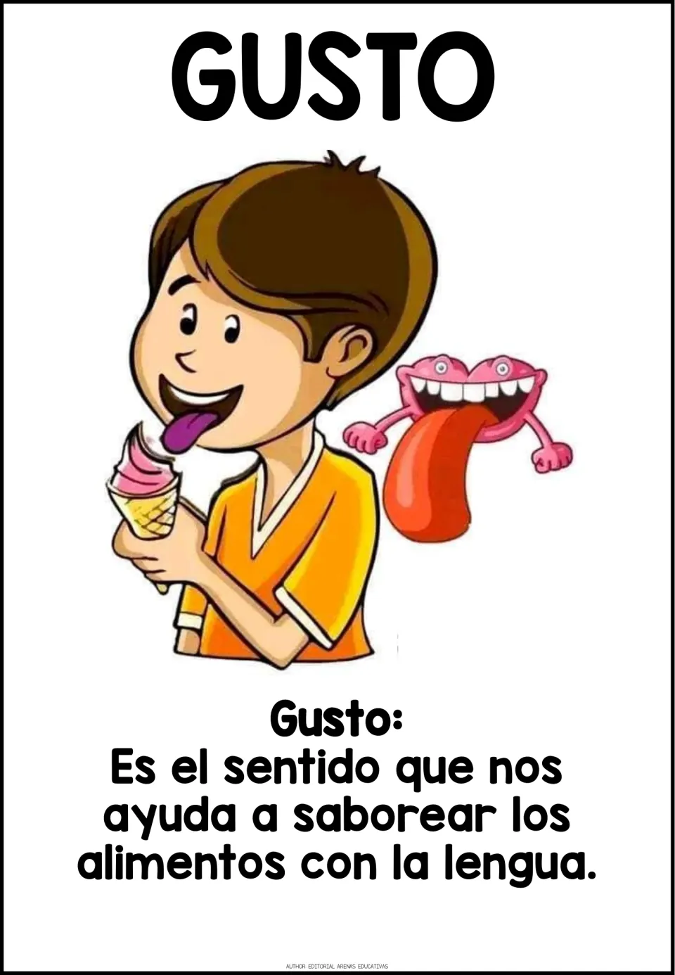 Gusto poster: a boy licks an ice cream cone beside a cartoon mouth and tongue, with a Spanish definition of tasting food