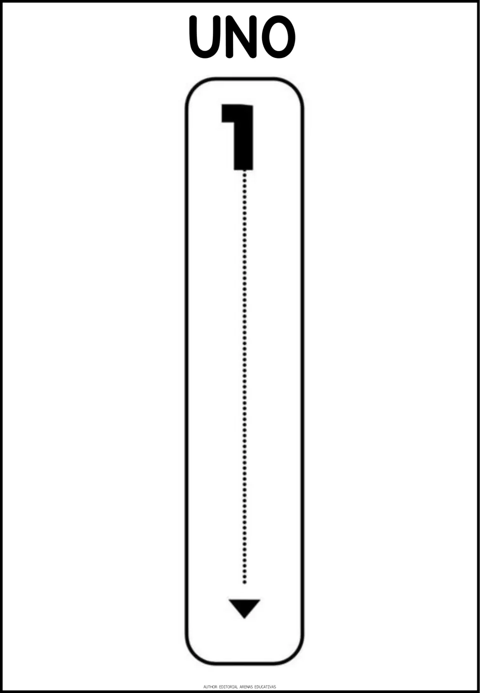 Number 1 tracing poster labeled 'UNO' (one), with a numbered starting point and a downward tracing arrow