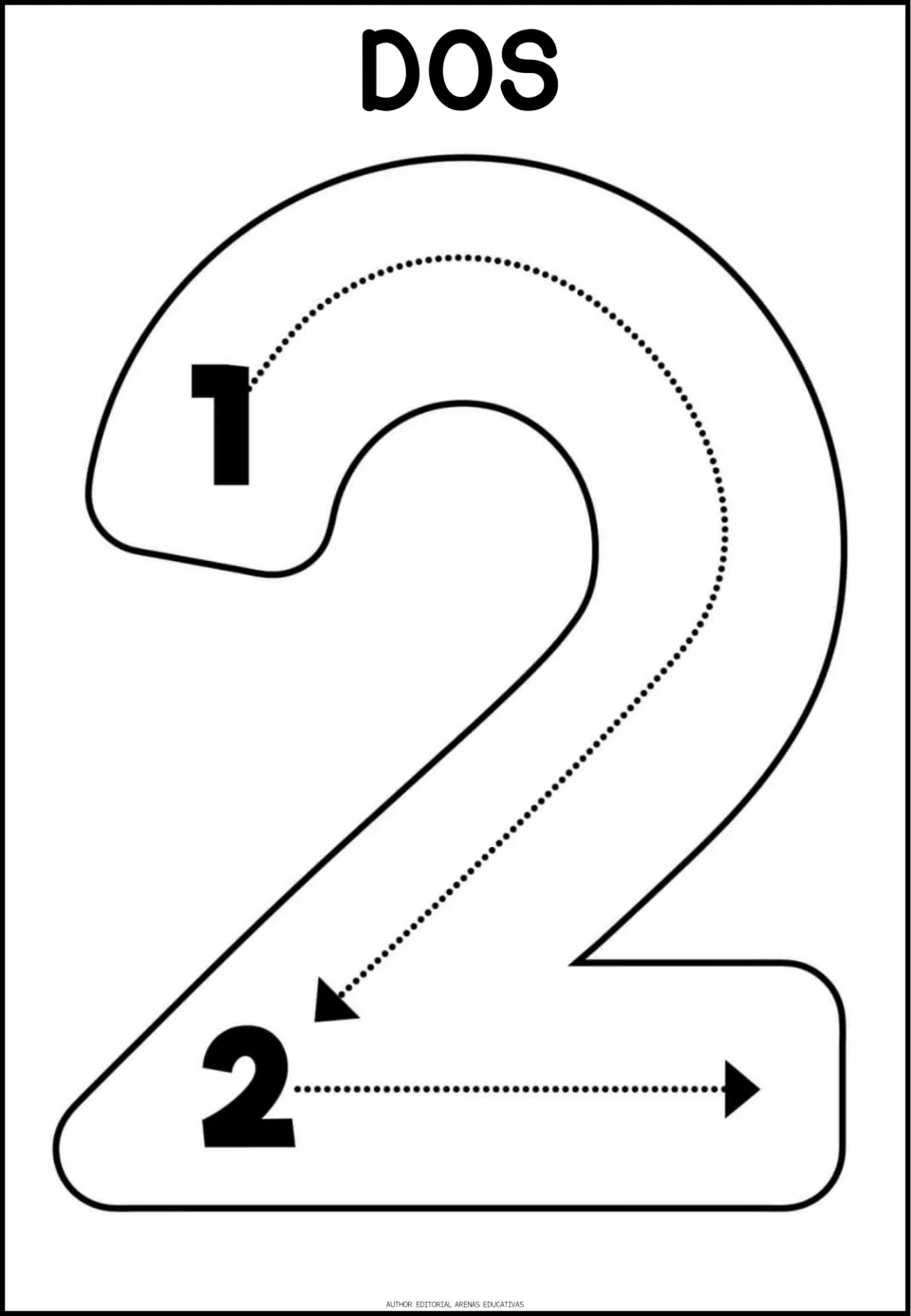 Number 2 tracing poster labeled 'DOS' (two), with two numbered steps and arrows showing tracing directions