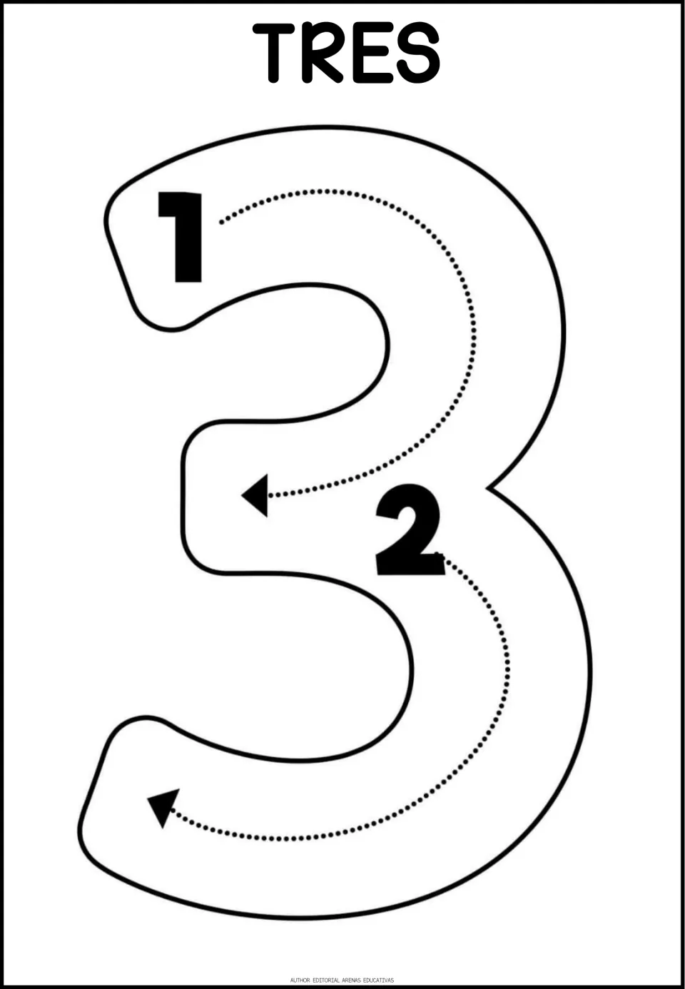 Number 3 tracing poster labeled 'TRES' (three), with two numbered steps guiding the upper and lower curves
