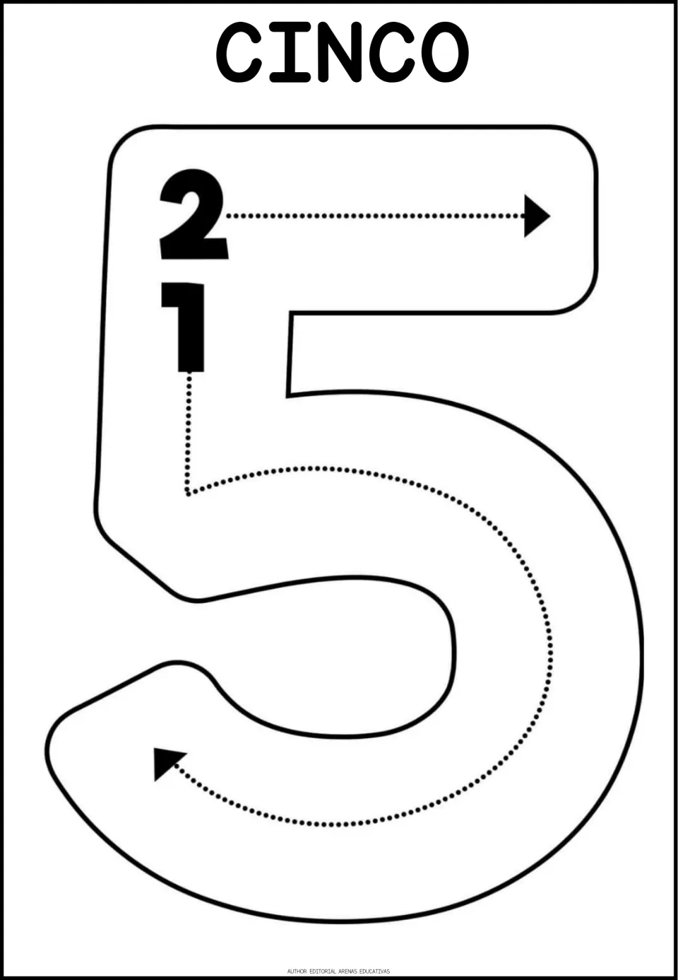 Number 5 tracing poster labeled 'CINCO' (five), with two numbered steps guiding the curved stroke and top stroke