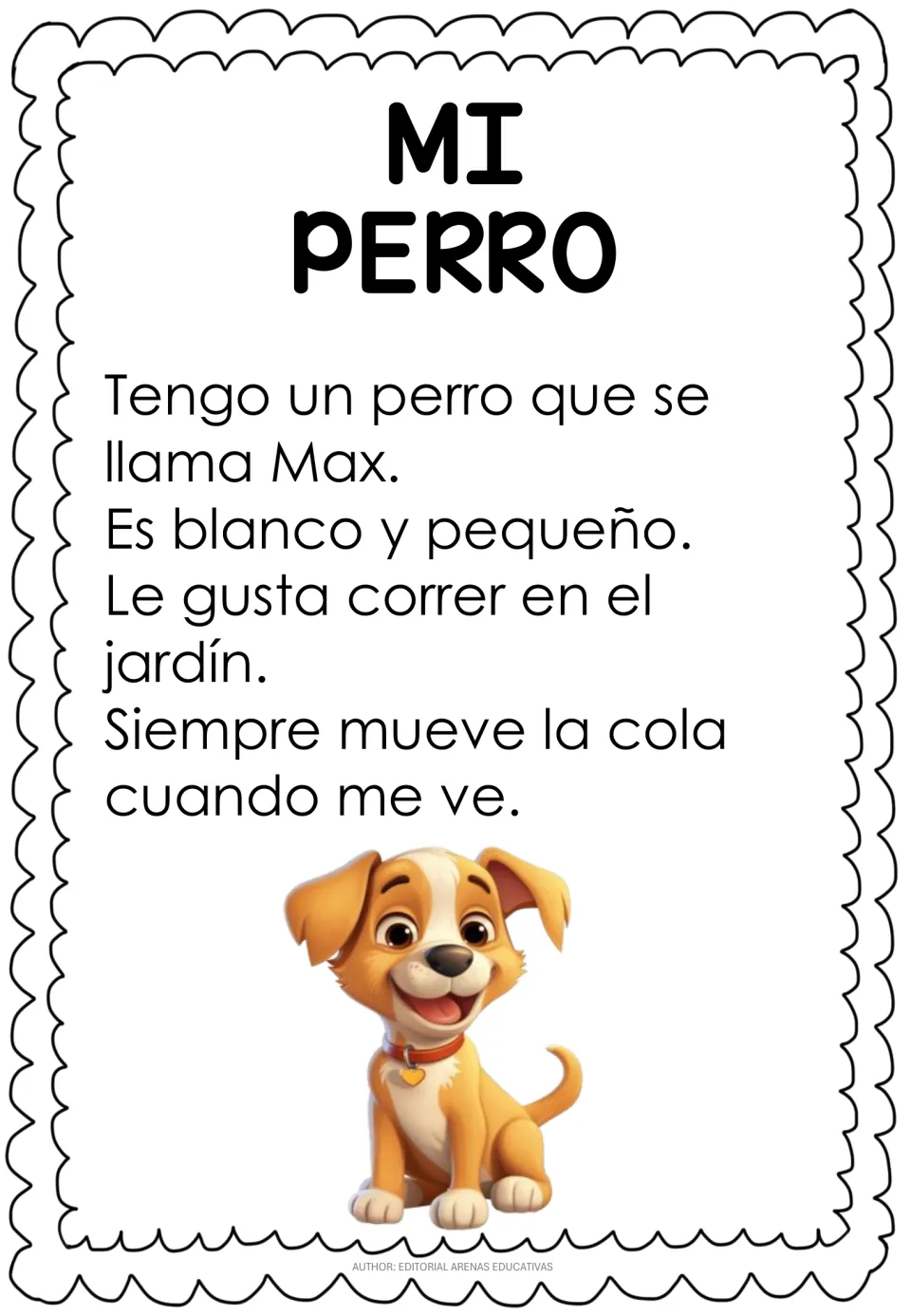 Spanish passage 'Mi perro' (My Dog) describes Max, a small white dog who runs in the garden and wags his tail.