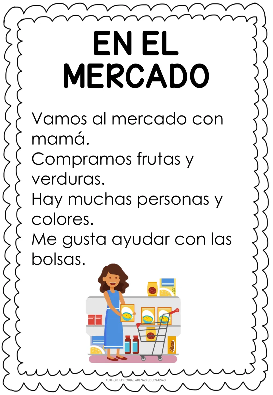 Spanish passage 'En el mercado' (At the Market) describes shopping with Mom and helping carry the bags.