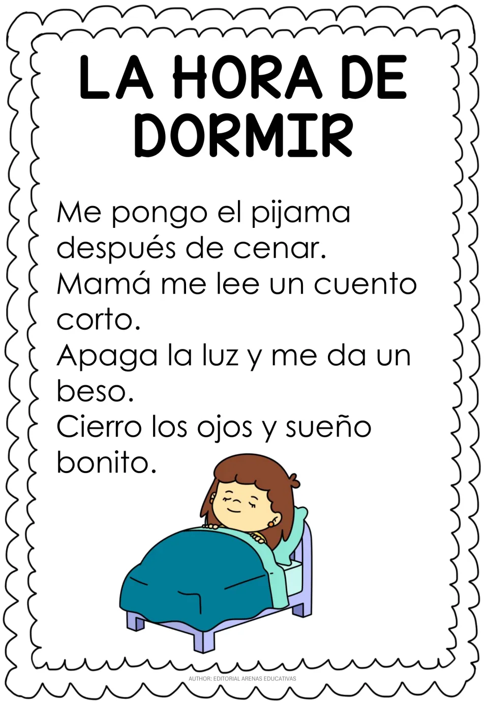 Spanish passage 'La hora de dormir' (Bedtime) describes pajamas, a story from Mom, a kiss, and dreaming.