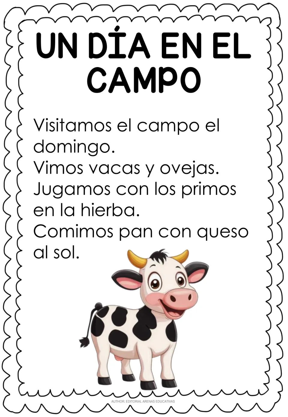 Spanish passage 'Un día en el campo' (A Day in the Country) describes cows, sheep, and playing with cousins.