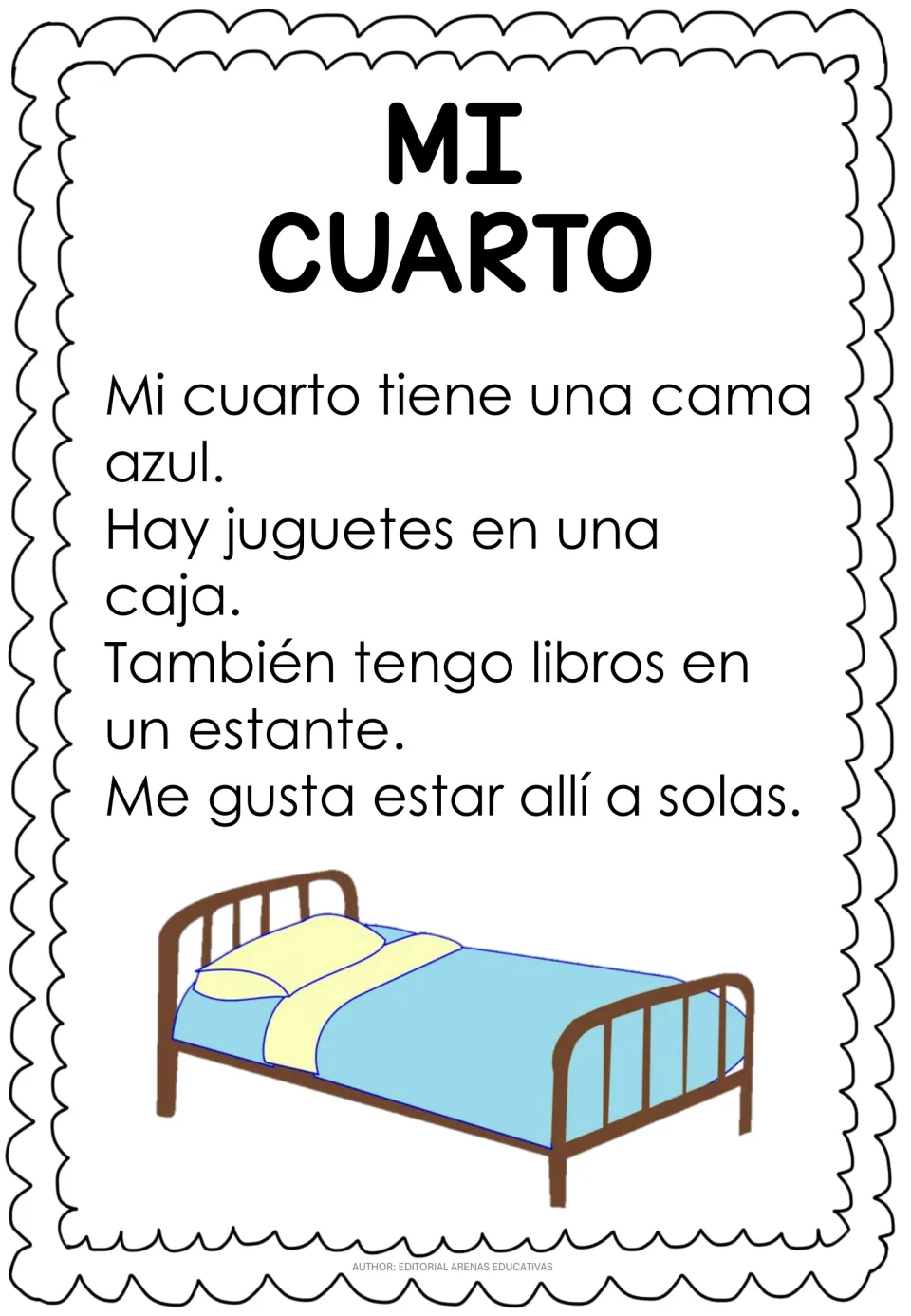 Spanish passage 'Mi cuarto' (My Room) describes a blue bed, toys in a box, books, and enjoying time alone.