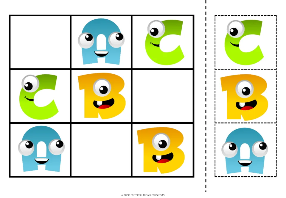Alphabet sudoku puzzle 1 uses A, B and C, with three missing letters and matching C, B and A cutout pieces