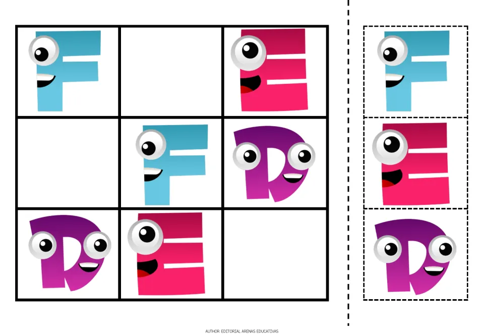 Alphabet sudoku puzzle 2 uses D, E and F, with three missing letters and matching F, E and D cutout pieces