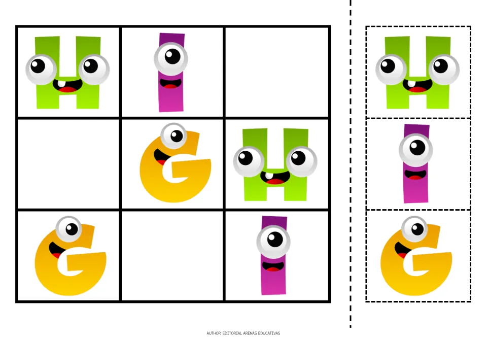 Alphabet sudoku puzzle 3 uses G, H and I, with three missing letters and matching H, I and G cutout pieces