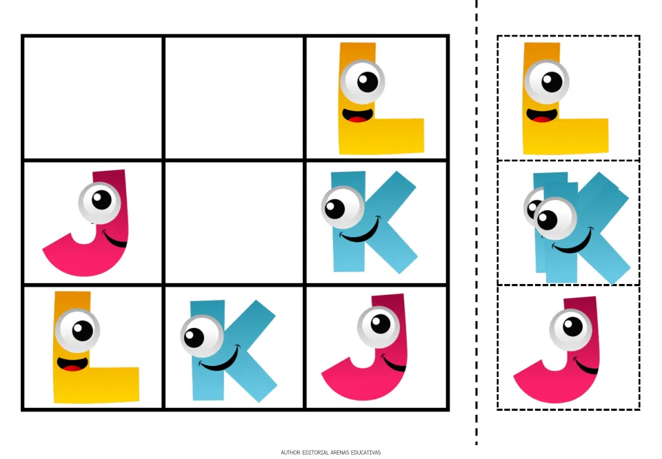 Alphabet sudoku puzzle 4 uses J, K and L, with three missing letters and matching L, K and J cutout pieces