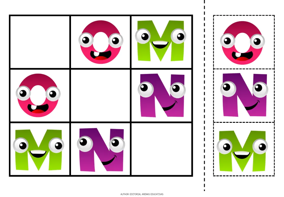 Alphabet sudoku puzzle 5 uses M, N and O, with three missing letters and matching O, N and M cutout pieces