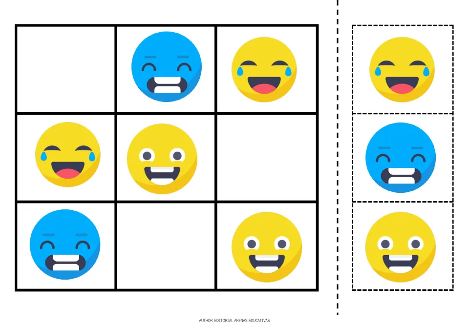 Emoji Sudoku puzzle 1 uses blue grinning, yellow smiling and laughing faces, with three cutout pieces.