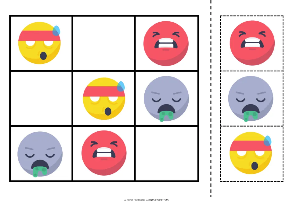 Emoji Sudoku puzzle 2 uses a sweating face in a headband, a red grimacing face and a vomiting face.