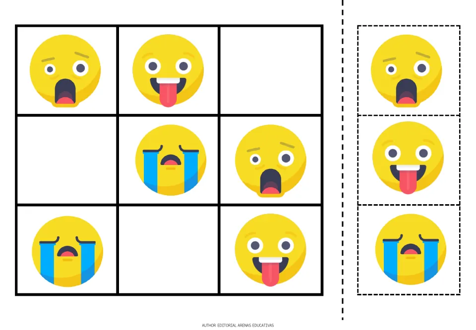 Emoji Sudoku puzzle 3 uses shocked, tongue-out and crying faces, with three matching cutout pieces.
