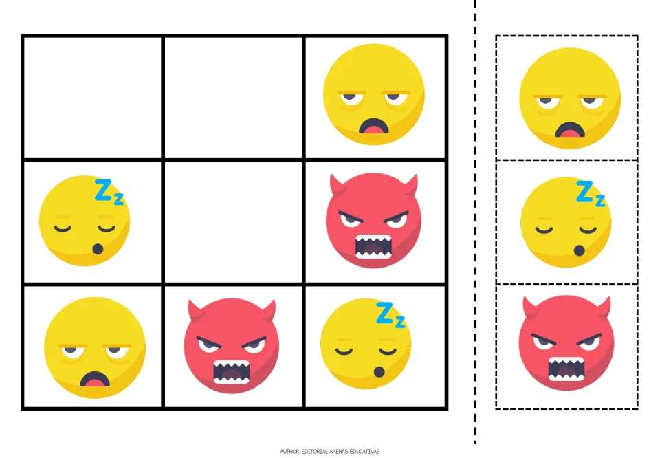 Emoji Sudoku puzzle 4 uses an unimpressed face, a sleeping face and a red horned face, with cutouts.