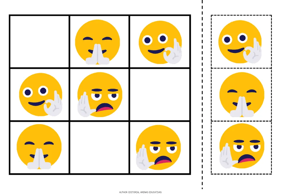 Emoji sudoku puzzle 1: faces with pressed palms, an OK gesture and a raised hand, plus matching cutouts