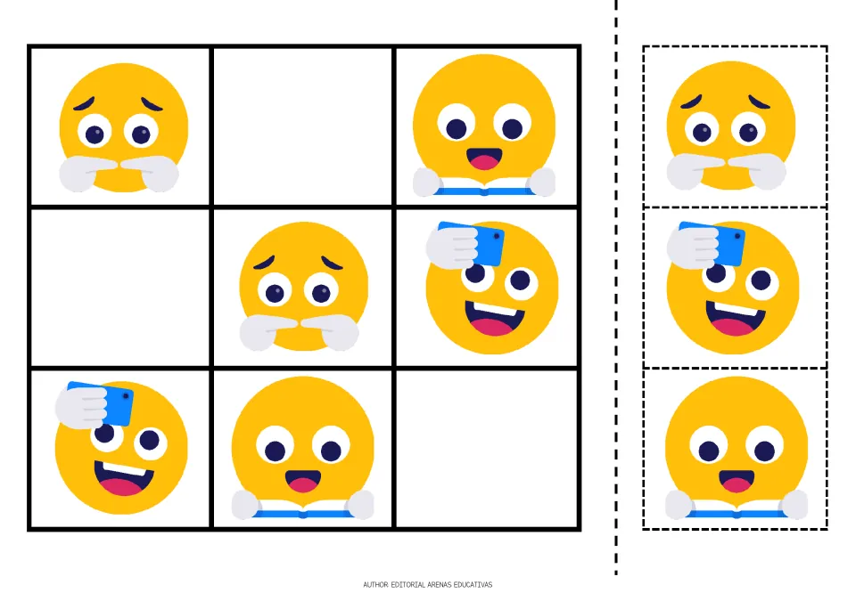Emoji sudoku puzzle 2: faces pointing fingers together, reading and taking a selfie, plus matching cutouts