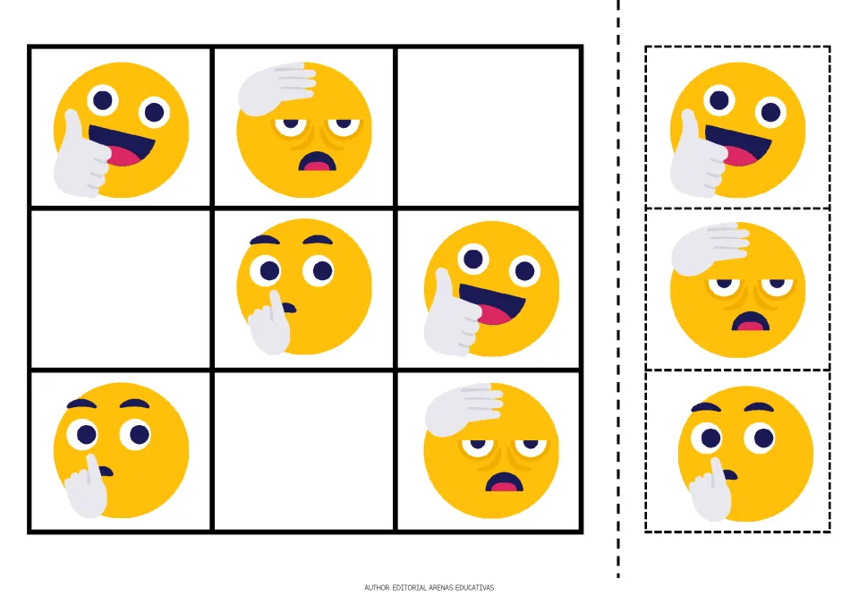 Emoji sudoku puzzle 3: thumbs-up, hand-on-forehead and finger-to-nose faces, plus three matching cutouts