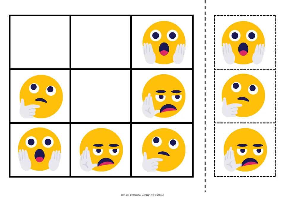 Emoji sudoku puzzle 4: surprised, thinking and raised-hand faces, with three missing pictures and cutouts