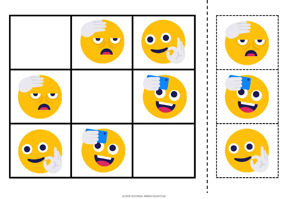 Emoji sudoku puzzle 5: hand-on-forehead, OK-gesture and selfie faces, plus three matching cutout pieces