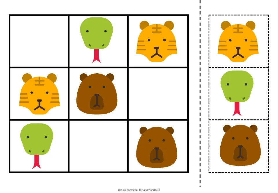 Animal sudoku puzzle 1 uses a snake, tiger, and bear, with three missing animals and matching cutout pieces