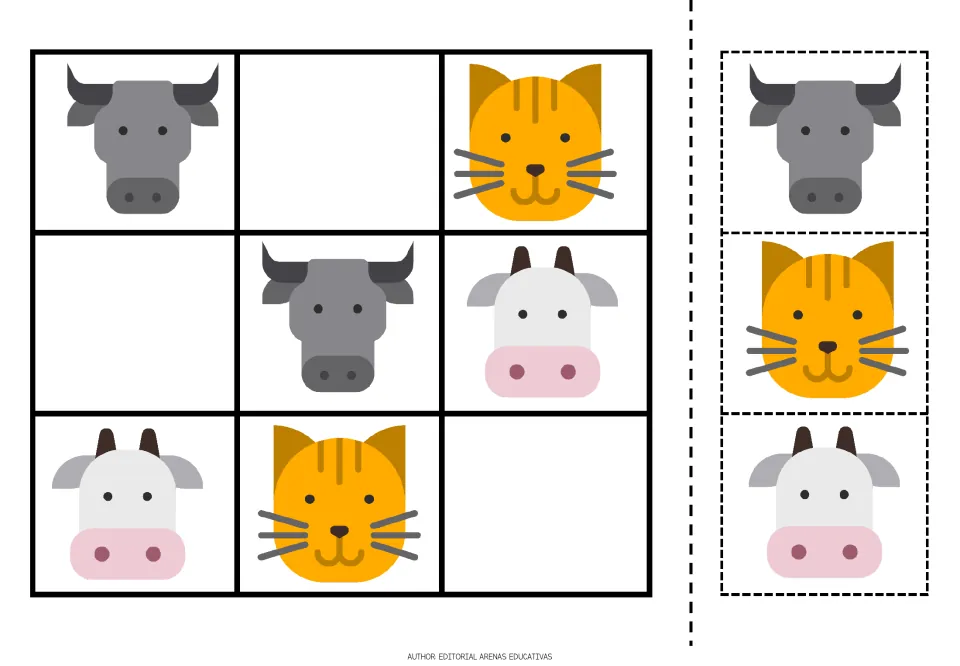 Animal sudoku puzzle 2 uses a bull, cat, and cow, with three missing animals and matching cutout pieces