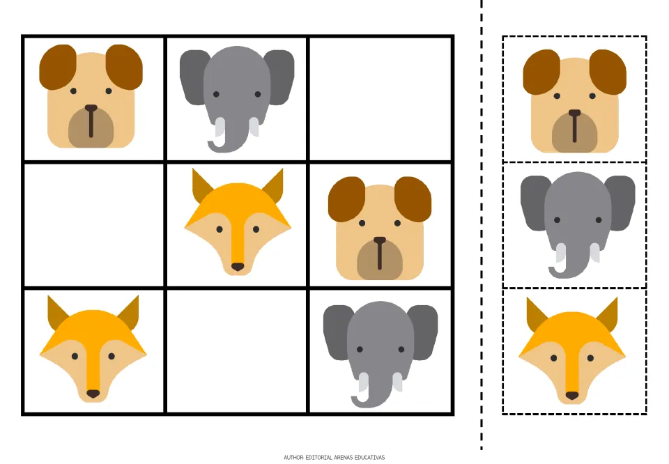 Animal sudoku puzzle 3 uses a dog, elephant, and fox, with three missing animals and matching cutout pieces
