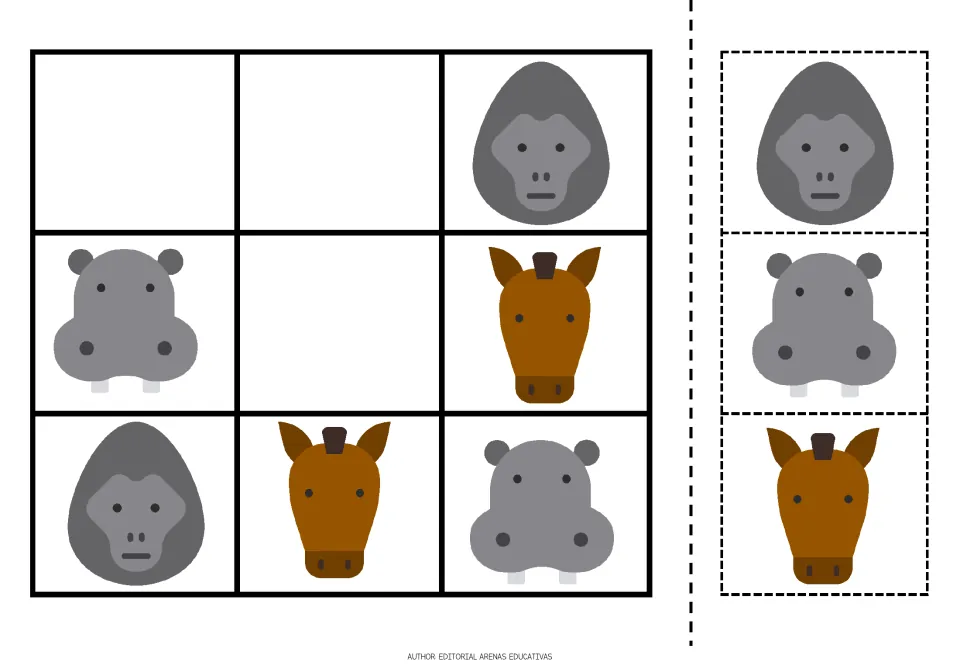 Animal sudoku puzzle 4 uses a gorilla, hippo, and horse, with three missing animals and matching cutout pieces