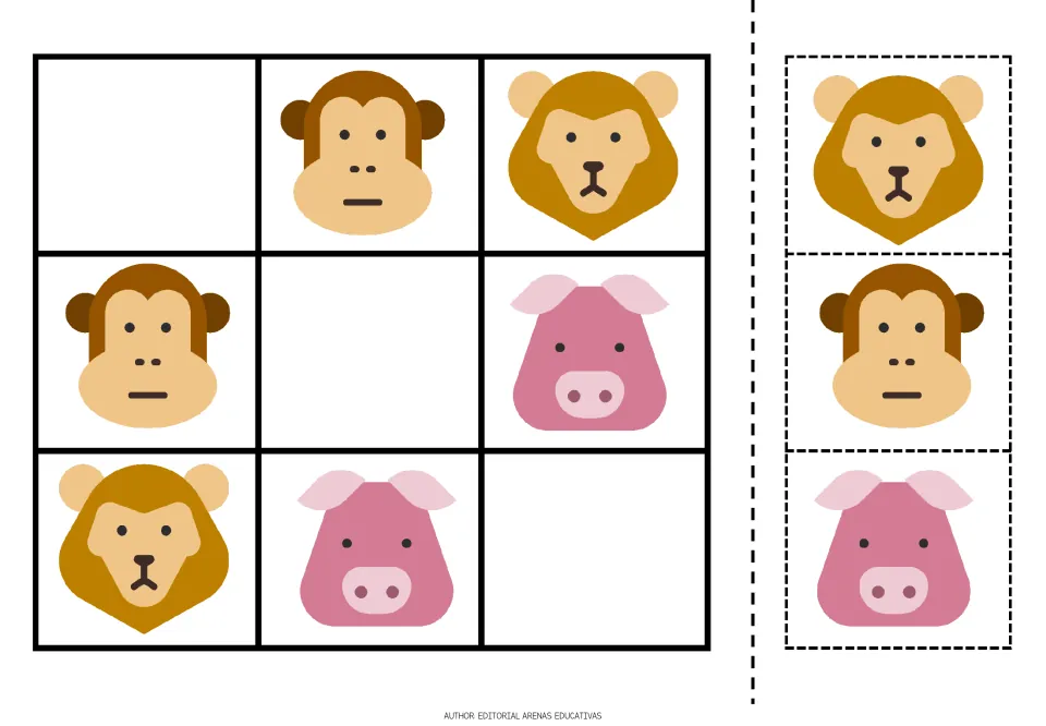 Animal sudoku puzzle 5 uses a monkey, lion, and pig, with three missing animals and matching cutout pieces