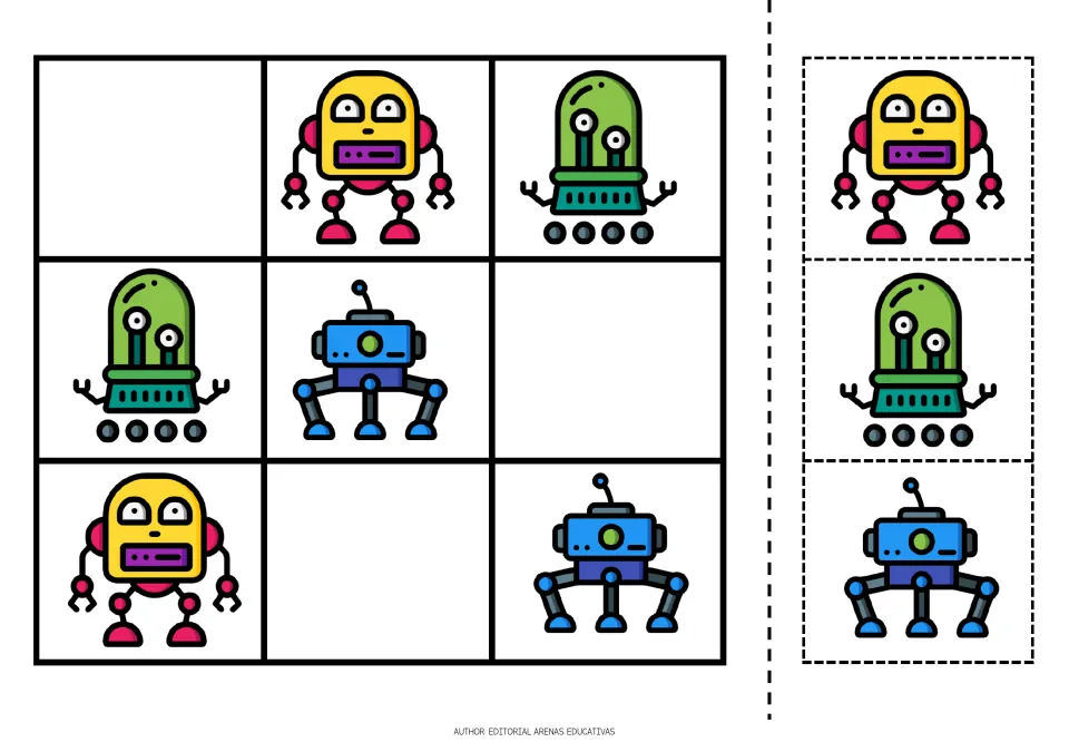 Robot sudoku puzzle 1: yellow, green, and blue robots, with three missing pictures and matching cutouts