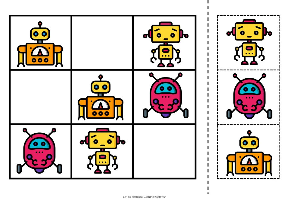 Robot sudoku puzzle 2: orange, yellow, and pink robots, with three missing pictures and matching cutouts