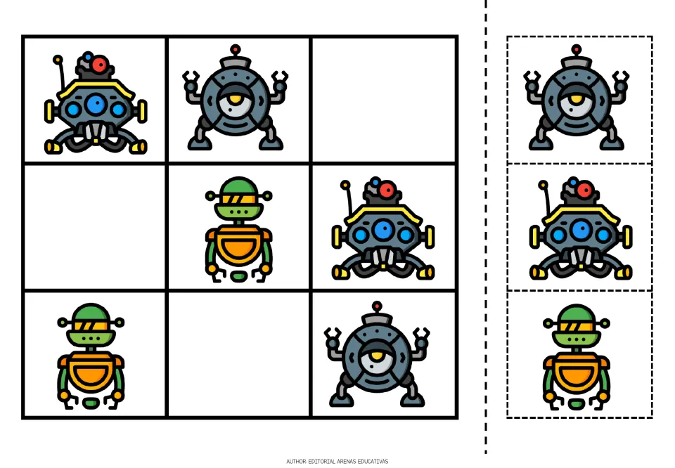 Robot sudoku puzzle 3: blue, round gray, and green robots, with three missing pictures and matching cutouts