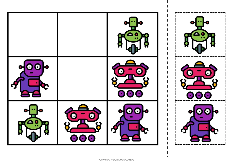 Robot sudoku puzzle 4: green, purple, and pink robots, with three missing pictures and matching cutouts