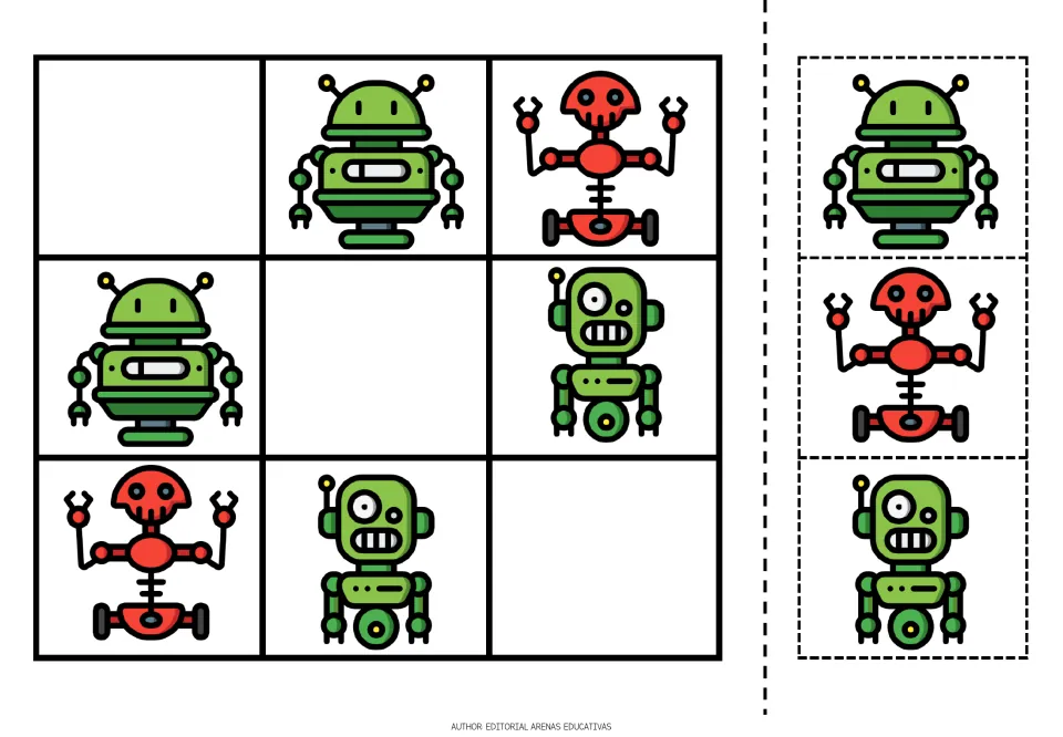 Robot sudoku puzzle 5: two green robot designs and a red robot, with three missing pictures and cutouts
