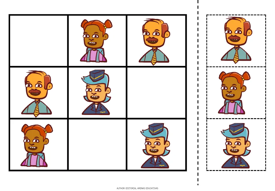 People sudoku puzzle 1: a girl with pigtails, a man wearing a tie and a uniformed pilot, plus matching cutouts