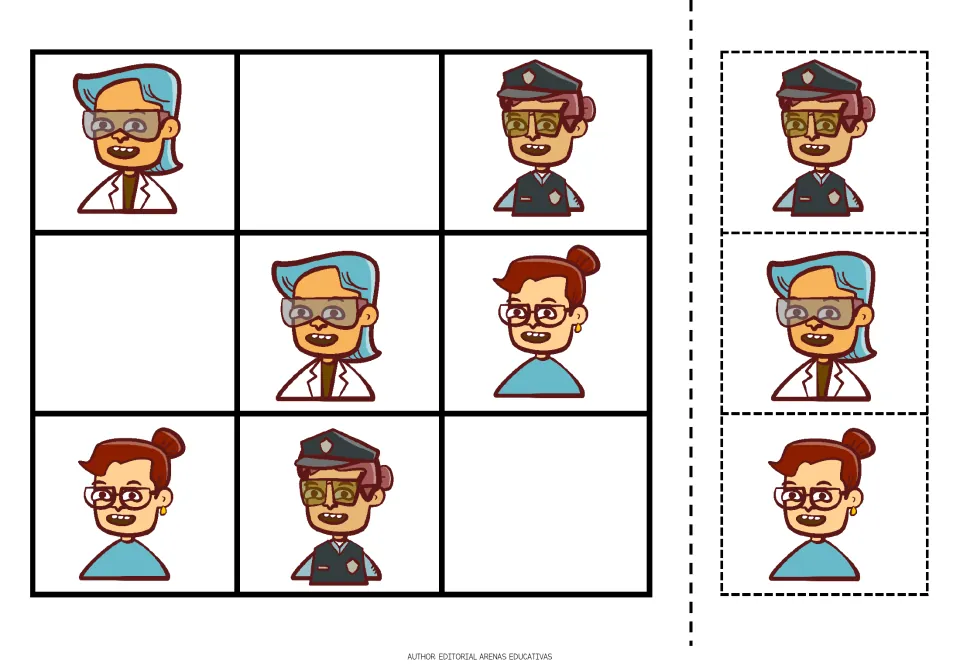 People sudoku puzzle 2: a scientist, a police officer and a woman wearing glasses, plus matching cutouts