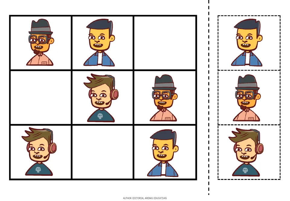 People sudoku puzzle 3: a man in a hat, a man in a blue jacket and a person with headphones, plus cutouts