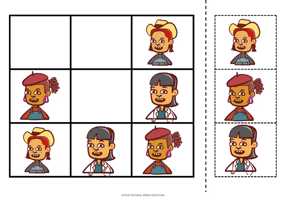 People sudoku puzzle 4: a person in a cowboy hat, an artist and a doctor, plus three matching cutouts