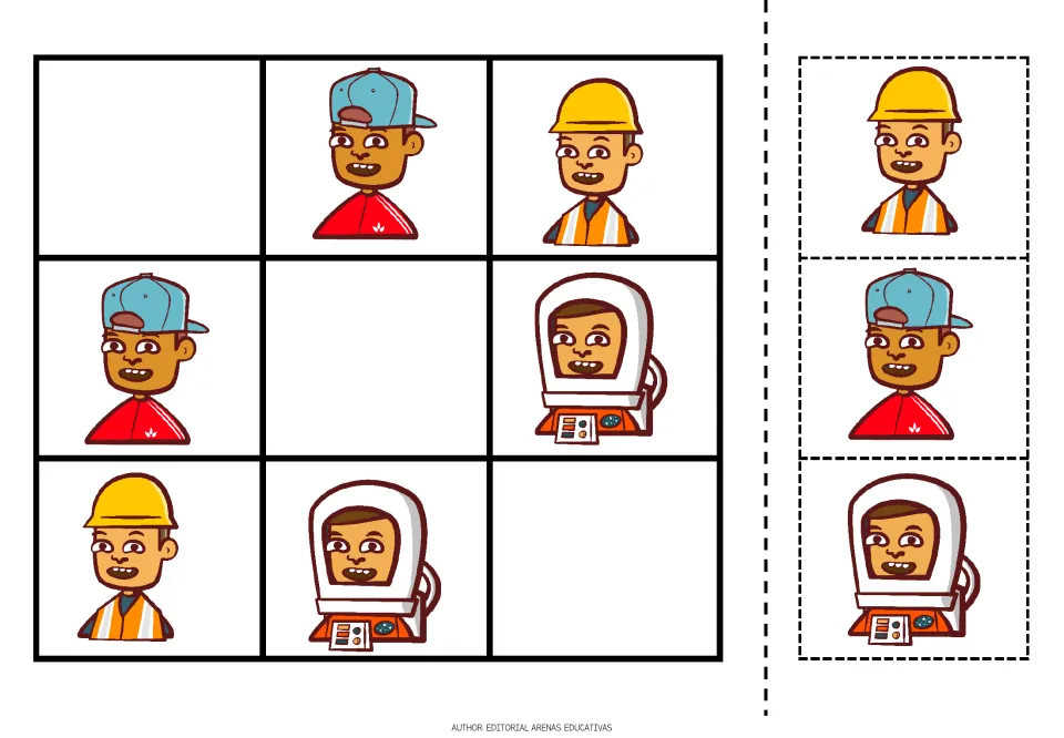 People sudoku puzzle 5: a person in a baseball cap, a construction worker and an astronaut, plus cutouts