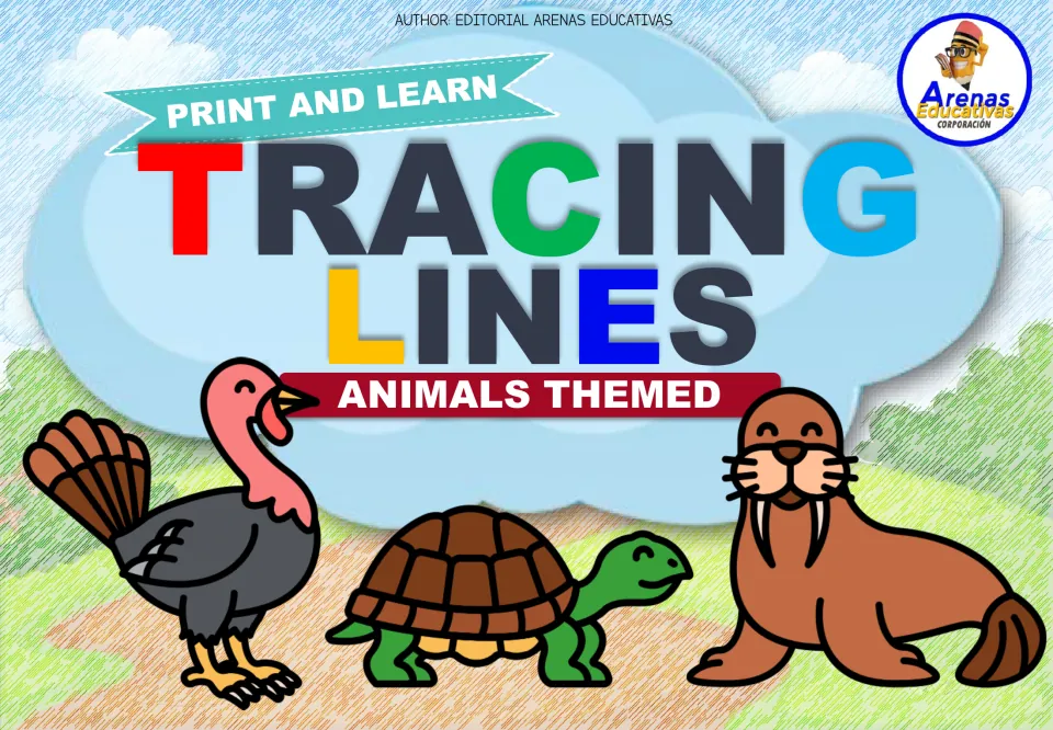 Cover of the animal-themed tracing packet, labeled 'Print and Learn' and 'Tracing Lines: Animals Themed'