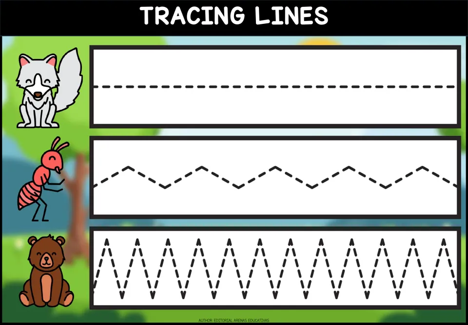 Tracing worksheet 1 of 5: a straight horizontal path, a wide zigzag, and a narrow zigzag to trace