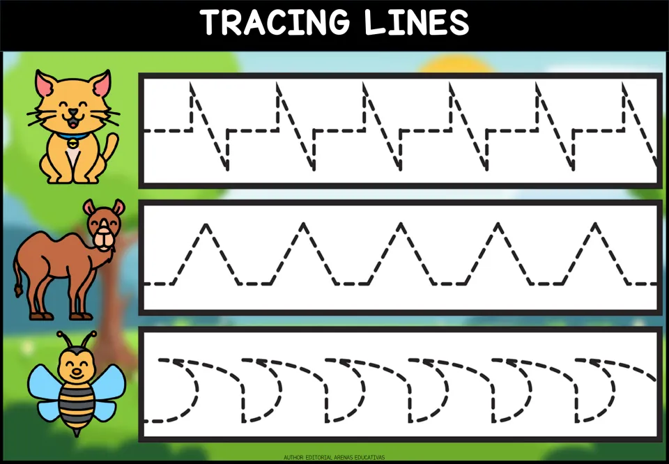 Tracing worksheet 2 of 5: an angular stepped path, repeating peaks, and repeating sideways curves