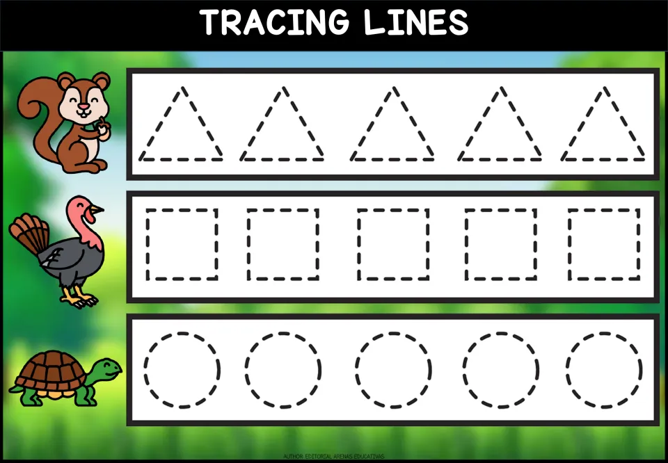 Tracing worksheet 3 of 5: five triangles, five squares, and five circles outlined in dashes to trace