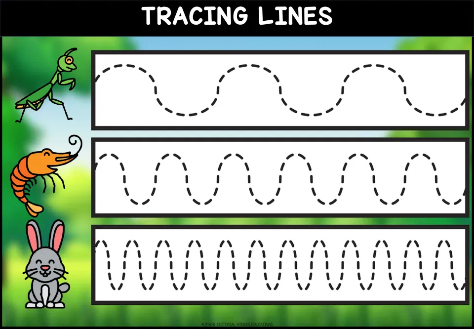 Tracing worksheet 5 of 5: three repeating wavy paths, progressing from broad waves to tightly spaced waves