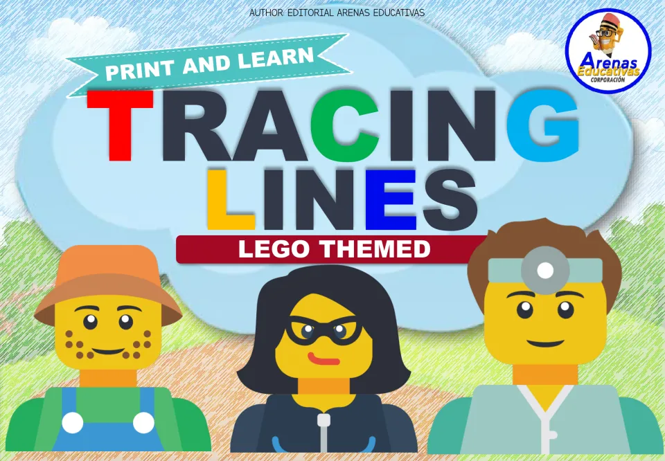 Tracing Lines, Lego Themed cover: Print and Learn title over three Lego-style minifigure faces by Arenas Educativas