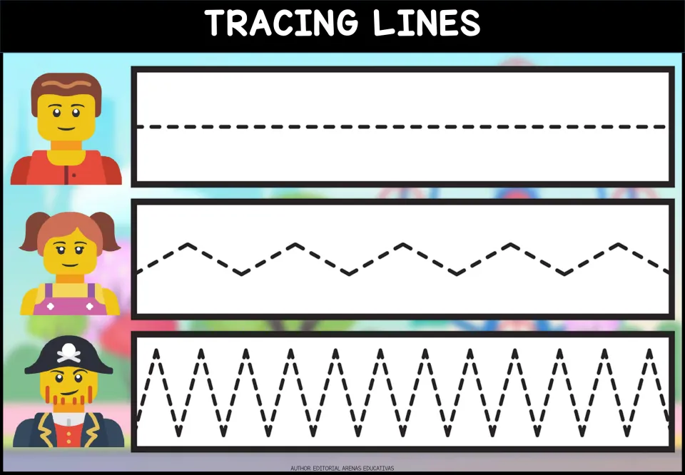 Tracing lines: students trace a dashed straight line, a gentle zigzag and a tall, sharp zigzag beside minifigure faces